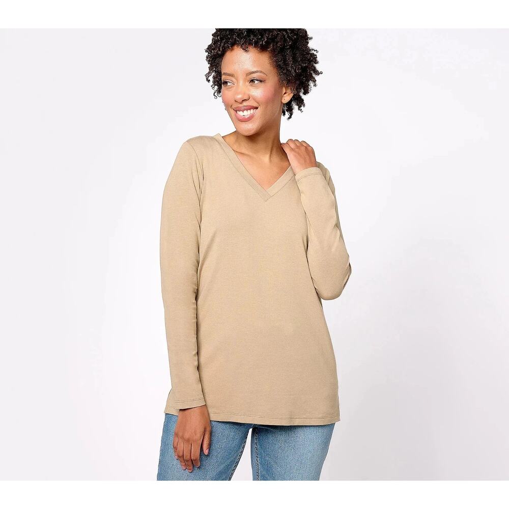 Belle by Kim Gravel Primabelle Knit Long Sleeve V-Neck Top Taupe Plus 5X Casual